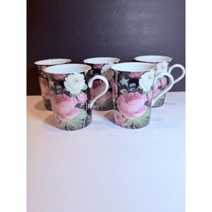 Stechcol Gracie Bone China Rose Floral Coffee Mugs Set of 5 Black Pink Tea Cups